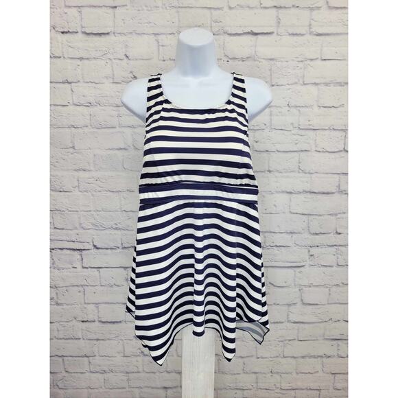 12R NAVY STRIPE A392813 Denim & Co. Beach Handkerchief Hem Tankini - Picture 1 of 2